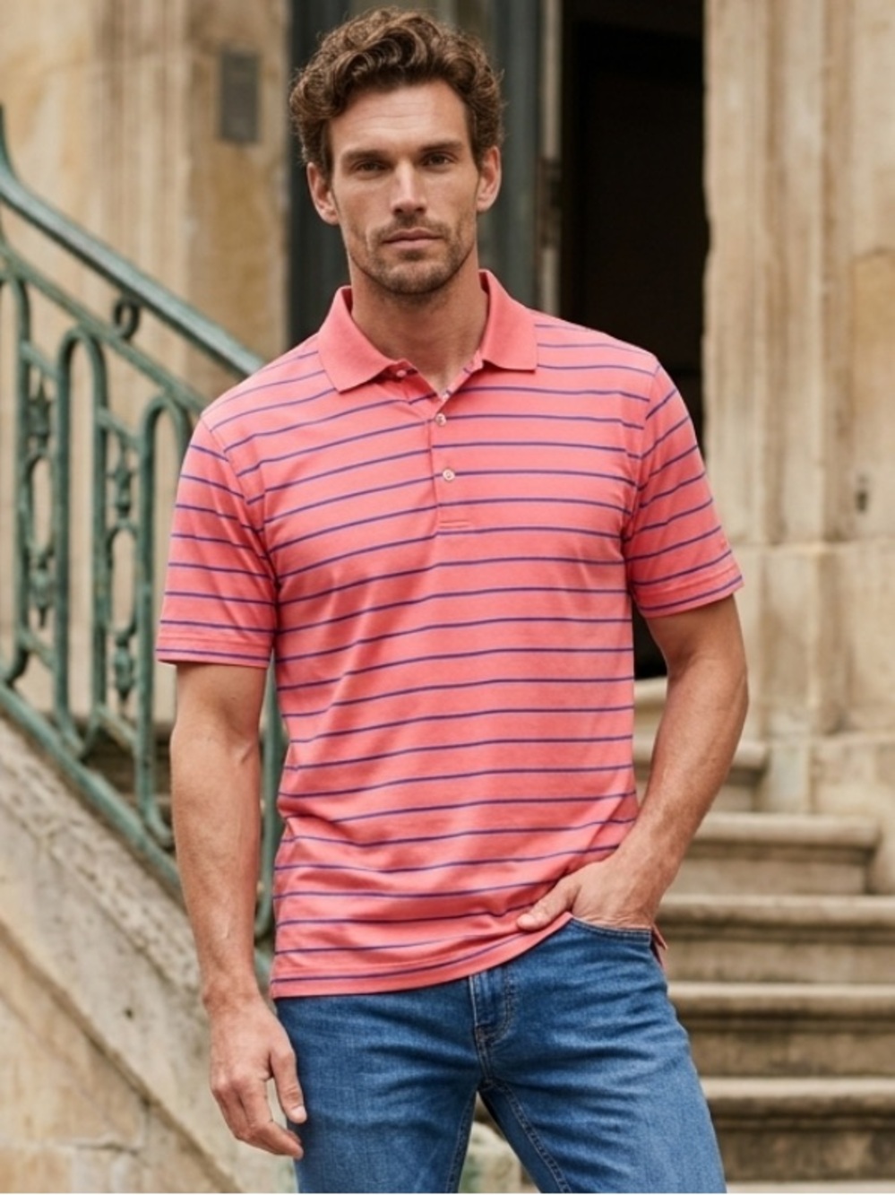 PETER MILLAR Shirt Polo Golf Orange Blue Cotton Striped Large